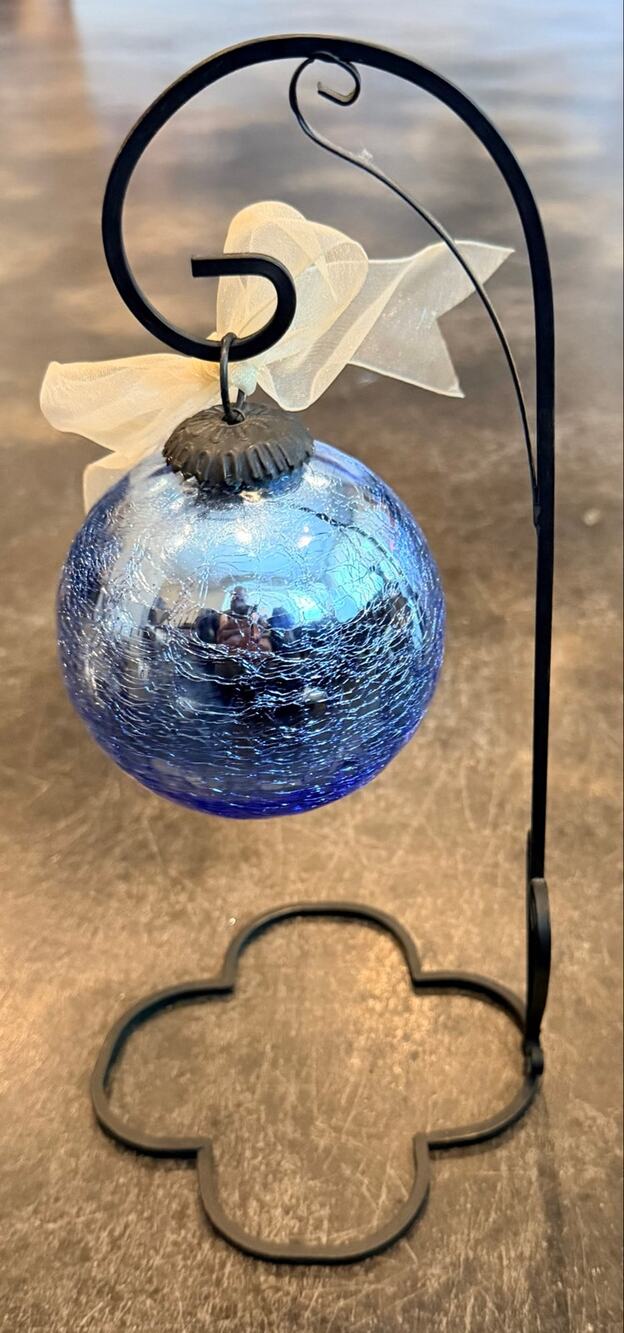 Heavy Crackle Glass German Kugel Ornament Ice Blue 9oz Blown Glass & Table Stand